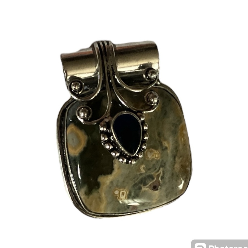 Hand Crafted Ocean Jasper Blue Topaz 925 Silver Plated Gem Necklace Pendant 1.6" - Picture 4 of 8